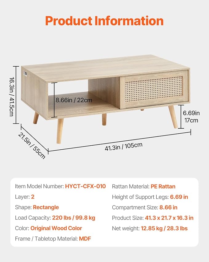 VEVOR Rattan Coffee Table, Mid Century Modern Table, Rectangle Wood Table, 42 Inch Modern Boho Style Two Layers Storage Coffee Table, for Living Room, Bedroom & Small Spaces