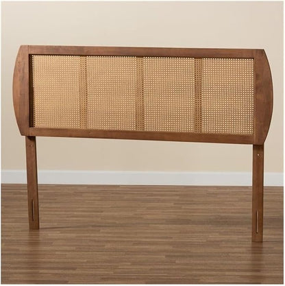 Mid-Century Modern Ash Walnut Finished Wood and Synthetic Rattan Victorian Vintage Size Headboard