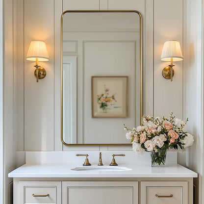 ANDY STAR Bathroom Mirror for Wall, 24x40 Inch Gold Rectangle Mirror for Bathroom with Rounded Corner, Modern Brushed Brass Vanity Rectangular Mirrors with Tube Metal Frame, Explosion-Proof Film