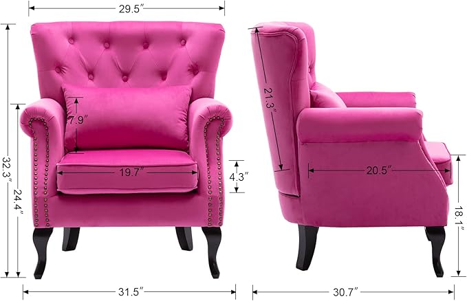 chairus Mid-Century Modern Accent Chairs Set of 2, Comfy Tufted Single Sofa Chair Wingback Armchair with Pillow for Club, Living Room, Bedroom - Velvet, Rose