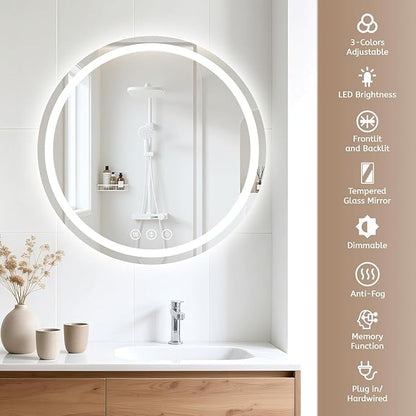 Round LED Bathroom Mirror with Lights, Backlit & Front Lighted, Wall-Mounted Vanity Mirror 3000K/4000K/6000K, Memory Functions, Anti-Fog, Dimmable Smart Mirror (Round 28" x 28")