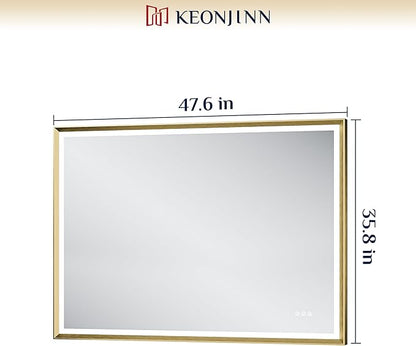 Keonjinn 48” x 36” LED Bathroom Mirror with Frontlit & Backlit, Gold Metal Framed Lighted Mirror with Stepless Dimmable 3-Color Temperatures, Anti Fog, UL-Listed Driver, No Dark Corner