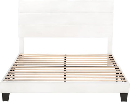 SHA CERLIN Full Platform Bed Frame with Velvet Upholstered Headboard, Mattress Foundation with Strong Wooden Slats Support, No Box Spring Needed, White