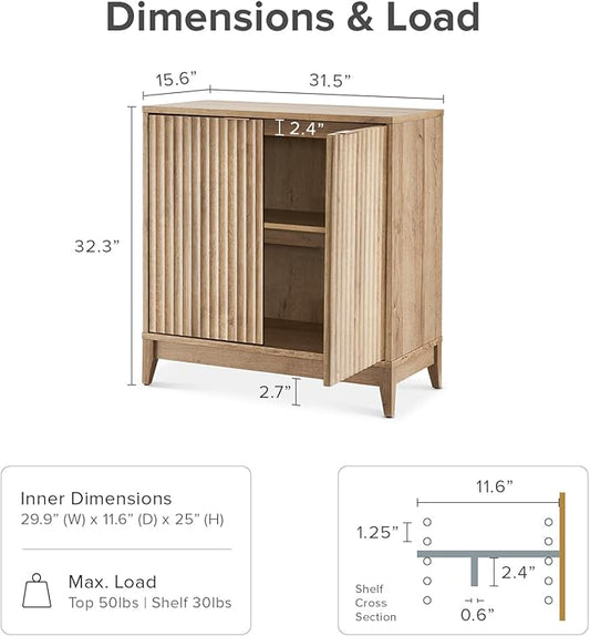mopio Brooklyn Storage Cabinet, Modern Farmhouse Entryway Accent Case, Buffet Sideboard, Console Table, Credenza, Wood Modular Organizer with Doors & Shelf, Fluted Panel Cupboard (Oak, Set of 2)