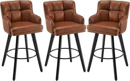 360°Swivel Counter Height Bar Stools with Back, 30 inch Solid Wood Legs, Bar Stool Modern Kitchen Island Chairs, Faux Leather (Brown- Faux Leather, 30" H- Set of 3)