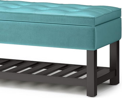 SIMPLIHOME Cosmopolitan 44 inch Wide Traditional Rectangle Storage Ottoman Bench with Open Bottom in Aqua Velvet Fabric, Assembled for the Living Room and Bedroom