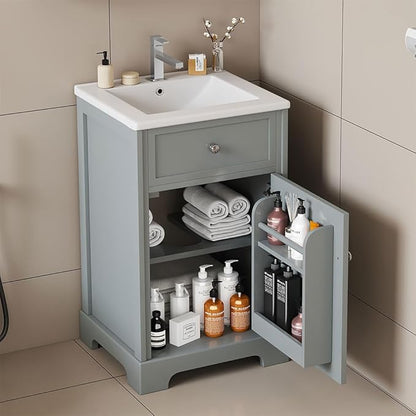 20" Bathroom Vanity with Sink, Wooden Bathroom Storage Cabinet with Soft Closing Door and Adjustable Shelve,Narrow Small Bathroom Cabinet for Small Space (20"× 18"×34"),Gray