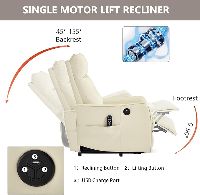 PELUMY Manual Lift Recliner Chair with Massage and Heat for Elderly, Single Motor Electric Lift Chair, Heavy Duty Recliner with USB Charging & Side Pockets (Breathable Leather, Beige)