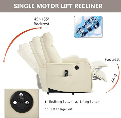 PELUMY Manual Lift Recliner Chair with Massage and Heat for Elderly, Single Motor Electric Lift Chair, Heavy Duty Recliner with USB Charging & Side Pockets (Breathable Leather, Beige)