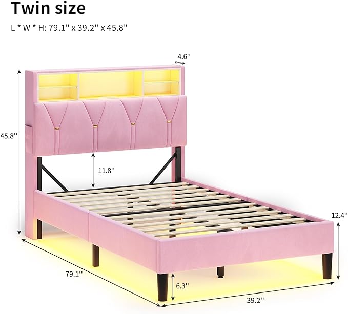 Twin Bed Frames with Storage Headboard,Power Outlet, LED Lights,Velvet Upholstered Platform Bed Twin for Kids, Pink Bed Frame with 5 Storage Shelves for Girls, No Box Spring Needed, Pink