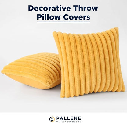 Pallene Faux Fur Plush Throw Pillow Covers 18x18 Set of 2, Luxury Soft Fluffy Striped Decorative Pillow Covers for Sofa, Couch, Living Room, Mustard Yellow