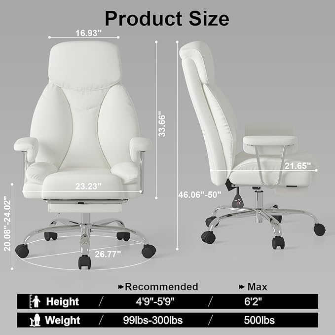Big and Tall Office Chair, Executive Home Office Desk Chair, Comfy Leather High-Back Reclining Computer Chair with Retractable Footrest and Padded Arms, 360°Swivel Rolling Wheels, Wide Seat, White