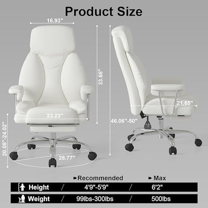 Big and Tall Office Chair, Executive Home Office Desk Chair, Comfy Leather High-Back Reclining Computer Chair with Retractable Footrest and Padded Arms, 360°Swivel Rolling Wheels, Wide Seat, White