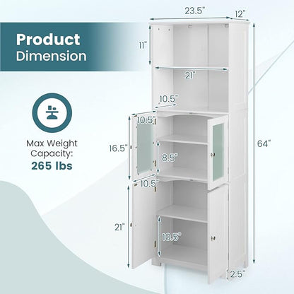LOKO Tall Bathroom Cabinet, Modern Storage Organizer with Doors & Open Shelves, Wooden Floor Cabinet with Adjustable Shelves for Bathroom, Living Room or Kitchen (White)