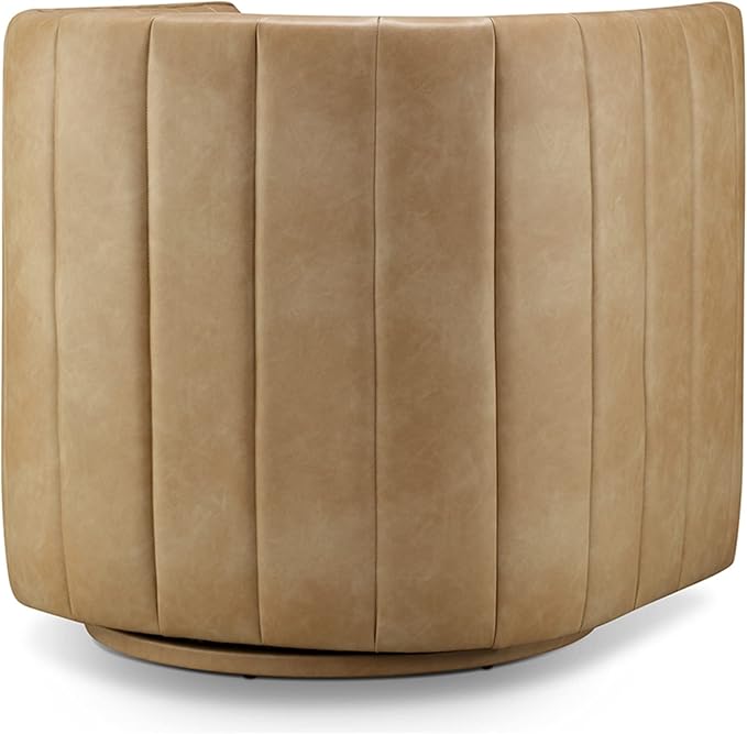 CHERS Rivet Mid-Century Modern Swivel Armchair, Channel-Tufted Faux Leather Accent Chair, 360-Degree Rotating Lounge Chair with Ergonomic Design for Living Room, Bedroom, Home Theater, Nude