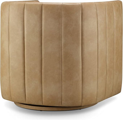 CHERS Rivet Mid-Century Modern Swivel Armchair, Channel-Tufted Faux Leather Accent Chair, 360-Degree Rotating Lounge Chair with Ergonomic Design for Living Room, Bedroom, Home Theater, Nude