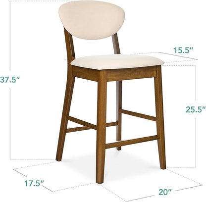 Best Choice Products Bar Stool Set of 2, Mid-Century Modern Upholstered Wood, Armless Counter Height w/Seat Cushion, Backrest - Walnut/Cream