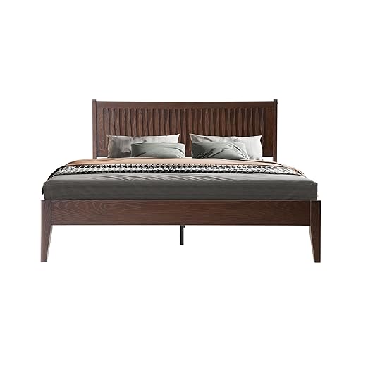 Queen Size Bed Frame with Headboard & Footboard, Solid Wood Platform Bed, Central Metal Legs, 12 Sturdy Slats, Under Bed Storage, Easy Assembly, Noise-Free & Anti-Slip, Dark Roast Oak Finish, OLQ-32
