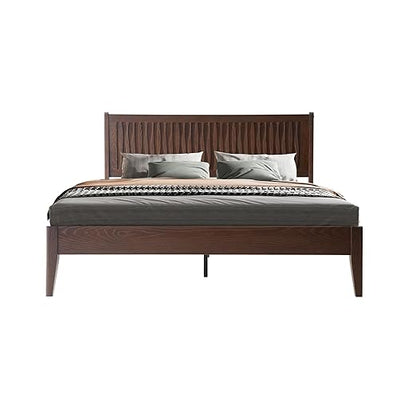 Queen Size Bed Frame with Headboard & Footboard, Solid Wood Platform Bed, Central Metal Legs, 12 Sturdy Slats, Under Bed Storage, Easy Assembly, Noise-Free & Anti-Slip, Dark Roast Oak Finish, OLQ-32