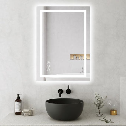Awoco 20''x28'' LED Bathroom Mirror with Light, Lighted Vanity Mirror with Backlit and Front Light, Dimmable Anti-Fog Memory Function Lighted Mirror with 3 Colors for Bathroom Wall