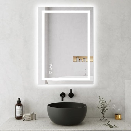 Awoco 20''x28'' LED Bathroom Mirror with Light, Lighted Vanity Mirror with Backlit and Front Light, Dimmable Anti-Fog Memory Function Lighted Mirror with 3 Colors for Bathroom Wall