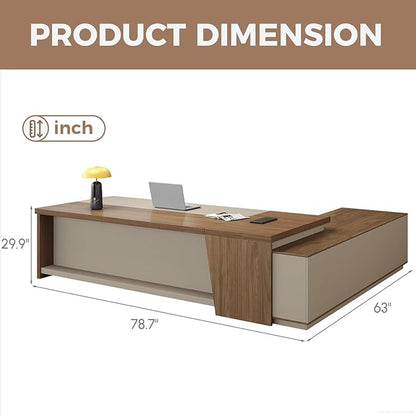 Premium Executive Desk, Modern L Shape Office Executive Desk with Drawers, Lockable Storage & Cable Management(Champagne Wood Grain+Beige/Left,79" L*63" W*30" H)