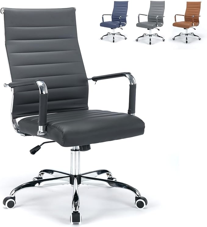Office Desk Chair Leather, Conference Room Chairs with Wheels, Executive Modern Ergonomic Ribbed Computer Chair