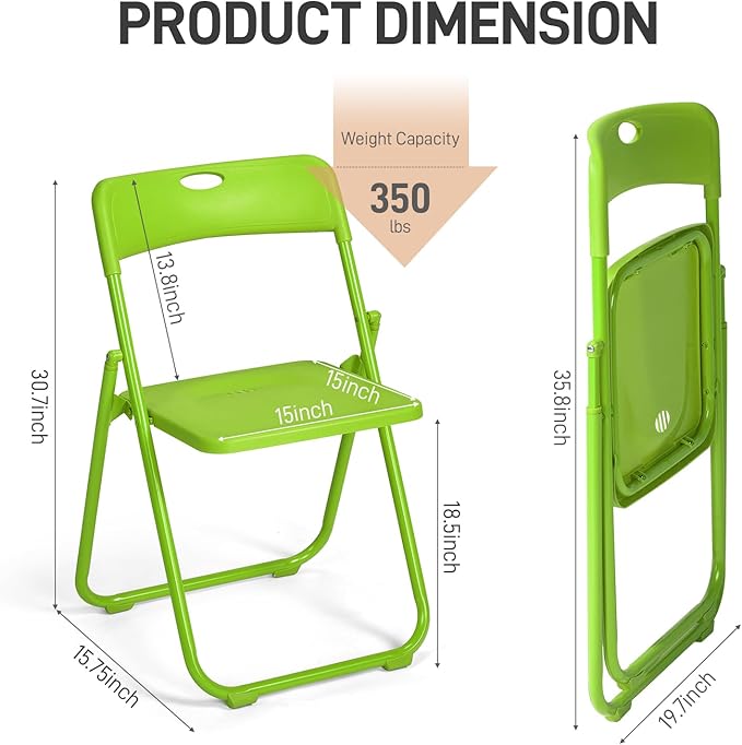 Karl home 6 Pcs Folding Chair, 300LBS Lightweight Foldable Plastic Chair, Reinforced Metal Frame Easy to Fold & Store for Indoor & Outdoor, Wedding, Party, Meeting Room, Patio and Garden, Green