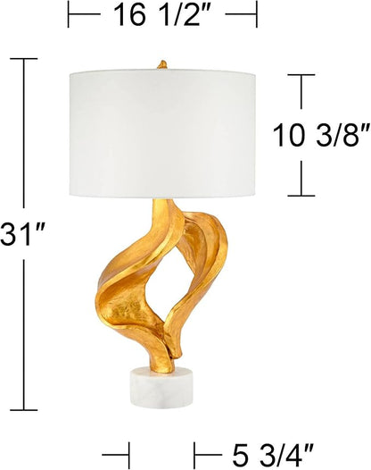 Possini Euro Design Hera Modern Glam Luxury Table Lamp Decor 31" Tall Sculptural Gold Leaf White Fabric Drum Shade Marble Base for Living Room Bedroom House Bedside Nightstand Home Office Entryway