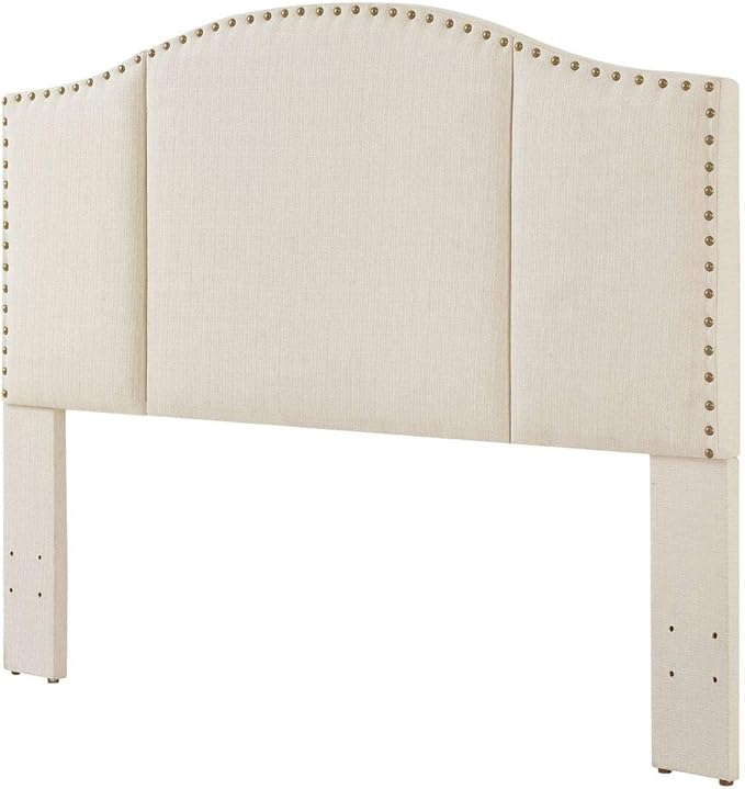 24KF Middle Century Linen Upholstered Tufted Queen Size Headboard with Antique Brass Nails Queen/Full headboard -Ivory