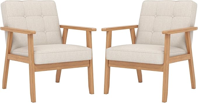 KCC Mid-Century Modern Linen Fabric Accent Chair Set of 2, Upholstered Tufted Leisure Chair Comfy Reading Side Chair with Armrest and Solid Wood Frame for Living Room Bedroom Balcony(Beige)