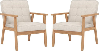 KCC Mid-Century Modern Linen Fabric Accent Chair Set of 2, Upholstered Tufted Leisure Chair Comfy Reading Side Chair with Armrest and Solid Wood Frame for Living Room Bedroom Balcony(Beige)