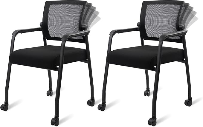 Office Guest Chairs No Wheels | Ergonomic Lumbar Support and Thicked Seats Cushion, Desk Chair with Adjustable Mesh Back for Waiting Room School Church Reception，Black 2PK