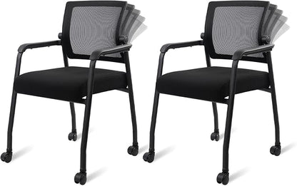 Office Guest Chairs No Wheels | Ergonomic Lumbar Support and Thicked Seats Cushion, Desk Chair with Adjustable Mesh Back for Waiting Room School Church Reception，Black 2PK