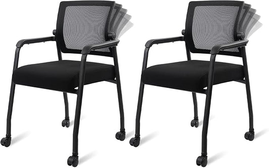 Office Guest Chairs No Wheels | Ergonomic Lumbar Support and Thicked Seats Cushion, Desk Chair with Adjustable Mesh Back for Waiting Room School Church Reception，Black 2PK