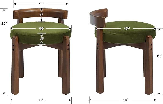 HNY Vintage Green Velvet Makeup Ottoman Set of 2 Compact Round Vanity Chairs with Wooden Legs, Perfect for Small Spaces Like Entryway, Cloakroom & Boudoir