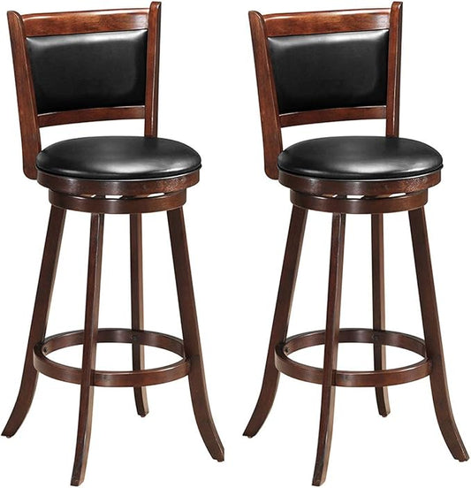 COSTWAY Bar Stools Set of 2, 360 Degree Swivel, Accent Wooden Swivel Seat Bar Height Stool, Leather Upholstered Design, PVC Cushioned Seat, Perfect for Dining and Living Room (Height 29")