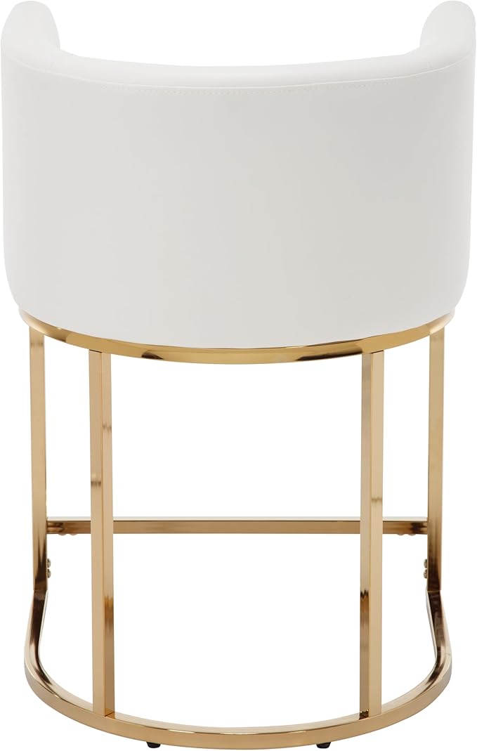 PU Leather Bar Stools Set of 2, Modern Upholstered Counter Height Bar stools 24" Leather Barstools Barrel Kitchen Counter Island Stools with Golden Metal Base, White