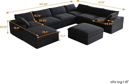 Cloud Couch Modular Sectional Sofa with Storage Ottomans,Oversized Down Filled 8 Seater Convertible Sectional Sofas, Black Wide Deep Seat Couch for Living Room,Covers Washable&Replaceable