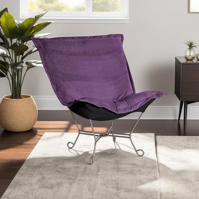 Howard Elliott Scroll Puff Rocker Seating Chair With Cover, Multipurpose Alternate Seating Butterfly Chair with Titanium Frame, Patio Furniture for Camping, Home, Indoor & Outdoor, Bella Eggplant