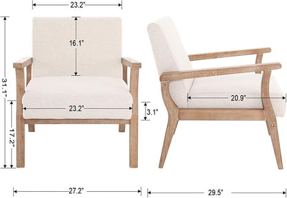 HNY Mid Century Armchair with Wood Frames, Linen Upholstered Living Room Arm Chair, for Living Room, Bedroom, Ivory