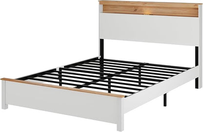 Full Bed Frame, Wood Platform Bed Frame with Storage Headboard, Charging Station, Modern Bedframe Full Size, 800lbs Capacity, Metal Slat Support, Noise-Free, No Box Spring Needed-White