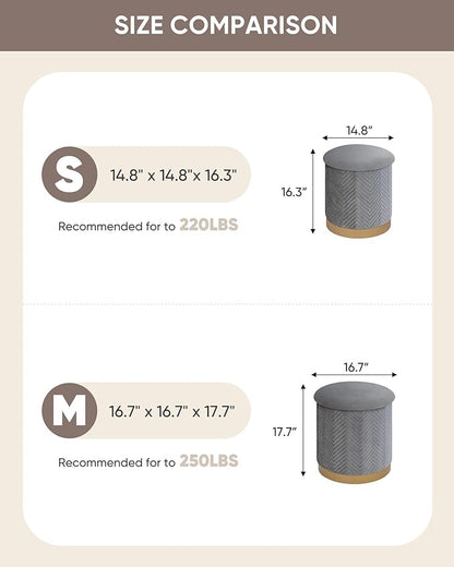 B FSOBEIIALEO Ottoman with Stroage, Round Velvet Storage Ottoman with Gold Plating Base,Foot Rest Stool for Dorm Room, Living Room Grey, 16.73"x16.73"x17.72"