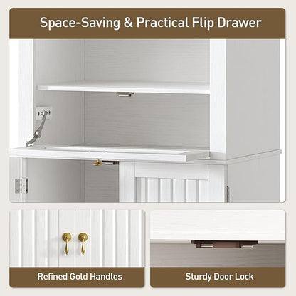 66" Tall Bathroom Storage Cabinet with Flip Drawer, Freestanding Storage Cabinet with Doors & Shelves,Arched Cabinets for Bathroom, Living Room, Kitchen, Laundry, White