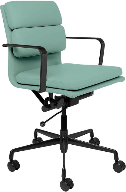 Laura Davidson Furniture SOHO II Padded Management Office Chair - Mid Back Desk Chair with Arm Rest, Swivel & Cushion Availability, Made of Faux Leather, Sage Green with Black Frame, Computer Chair