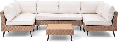 LAUSAINT HOME Outdoor Patio Furniture, 7 Piece Outdoor Sectional Sofa PE Rattan Wicker Patio Conversation Sets, All Weather Patio Furniture Set with Thick Cushions for Garden, Backyard(Beige)