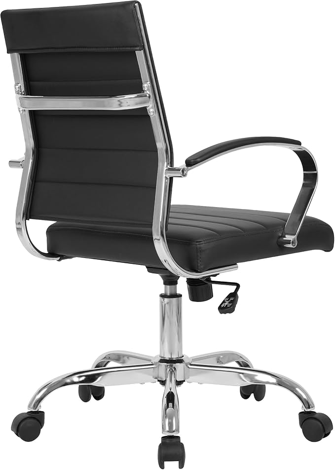 LANDSUN Home Office Chair Mid Back Desk Chair PU Leather Ribbed Executive Swivel Computer Chair with Wheels and Armrests Soft Padded Adjustable Height Conference Task Black