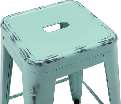 Vogue Furniture Direct 24 Inch Metal Bar Stools, Backless Counter Height Barstools, Indoor Outdoor Stackable Stools with Square Seat, Set of 4 (Distressed Mint Green)