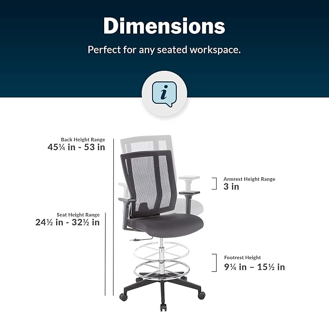 Vari Drafting Chair (VariDesk) - Tall Adjustable Office Chair with Footrest & Rolling Casters - Ergonomic Mesh Back for Lumbar Support - Ideal for Artist, Drafting Desk, or Counter Work - Black