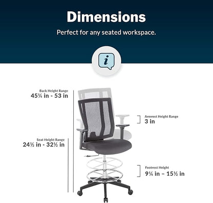 Vari Drafting Chair (VariDesk) - Tall Adjustable Office Chair with Footrest & Rolling Casters - Ergonomic Mesh Back for Lumbar Support - Ideal for Artist, Drafting Desk, or Counter Work - Black